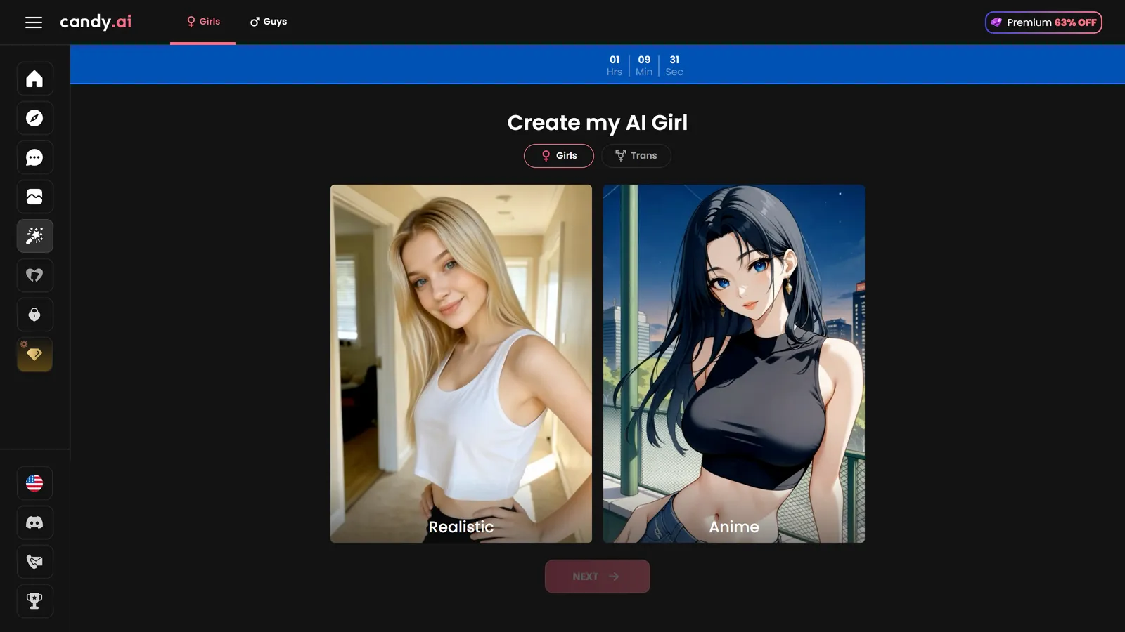 Candy AI character creation wizard, step one — choosing between realistic and anime art styles