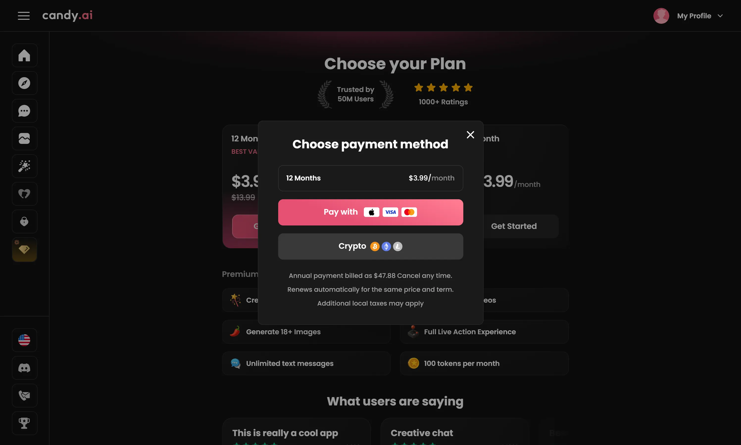Candy AI payment method dialog offering Apple Pay, Visa and Mastercard, or Crypto with Bitcoin, Ethereum and Litecoin