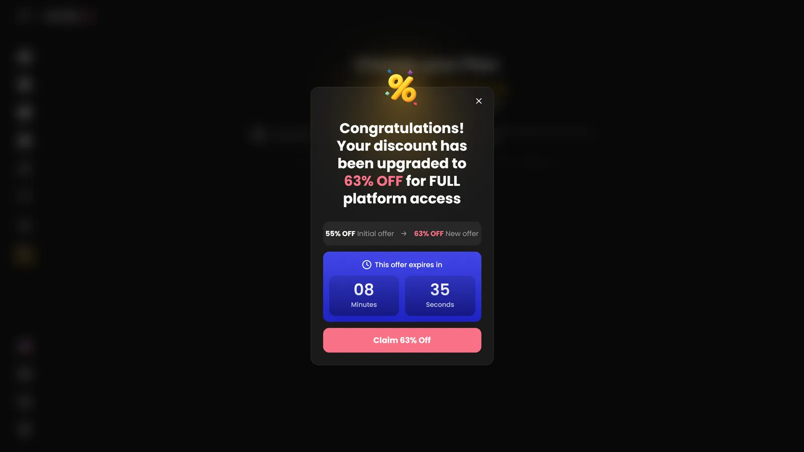 Candy AI popup reading “Your discount has been upgraded to 63% OFF”, showing 55% as the initial offer and a countdown of 8 minutes 35 seconds