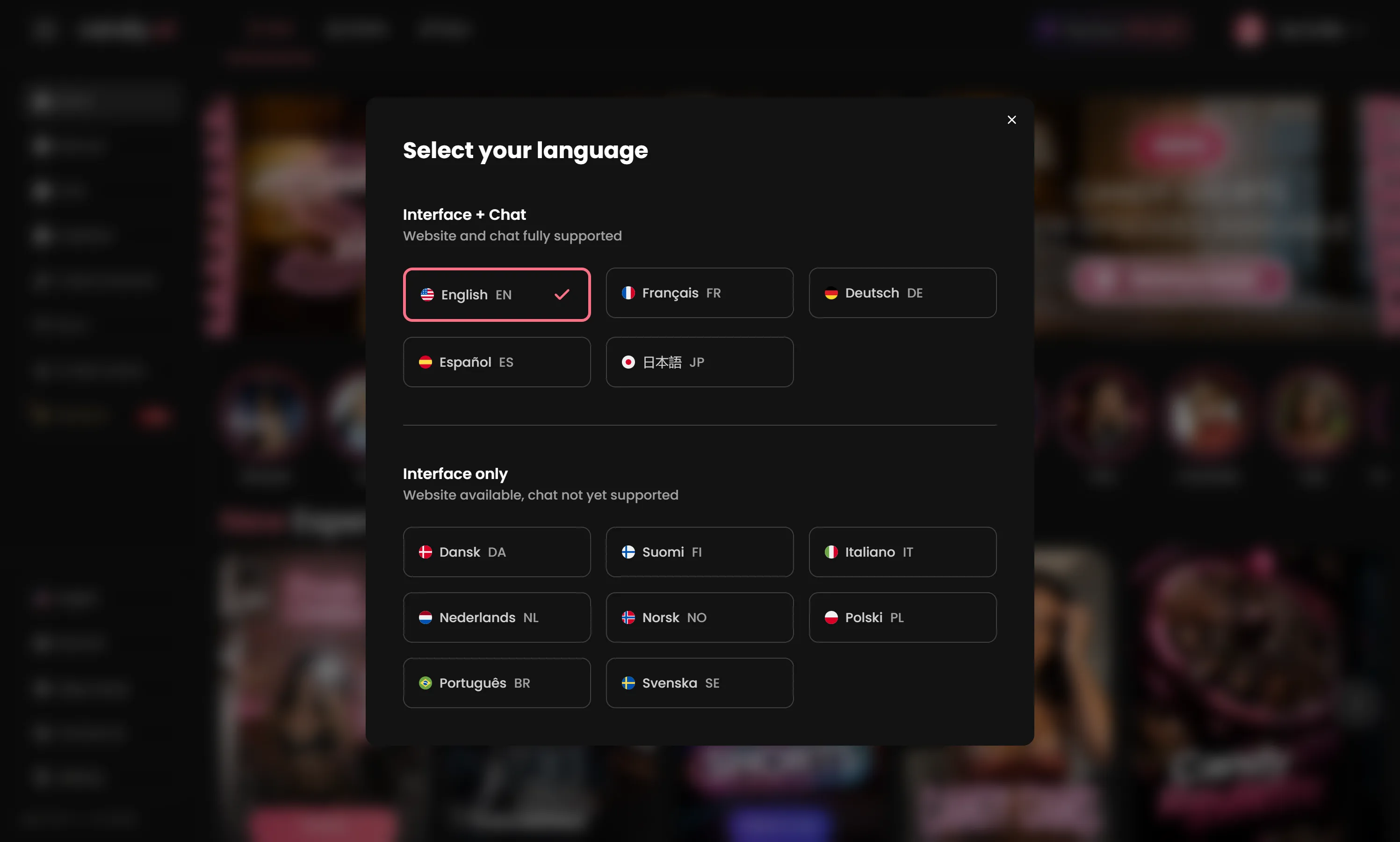 Candy AI language picker splitting five fully supported languages from eight where only the interface is translated