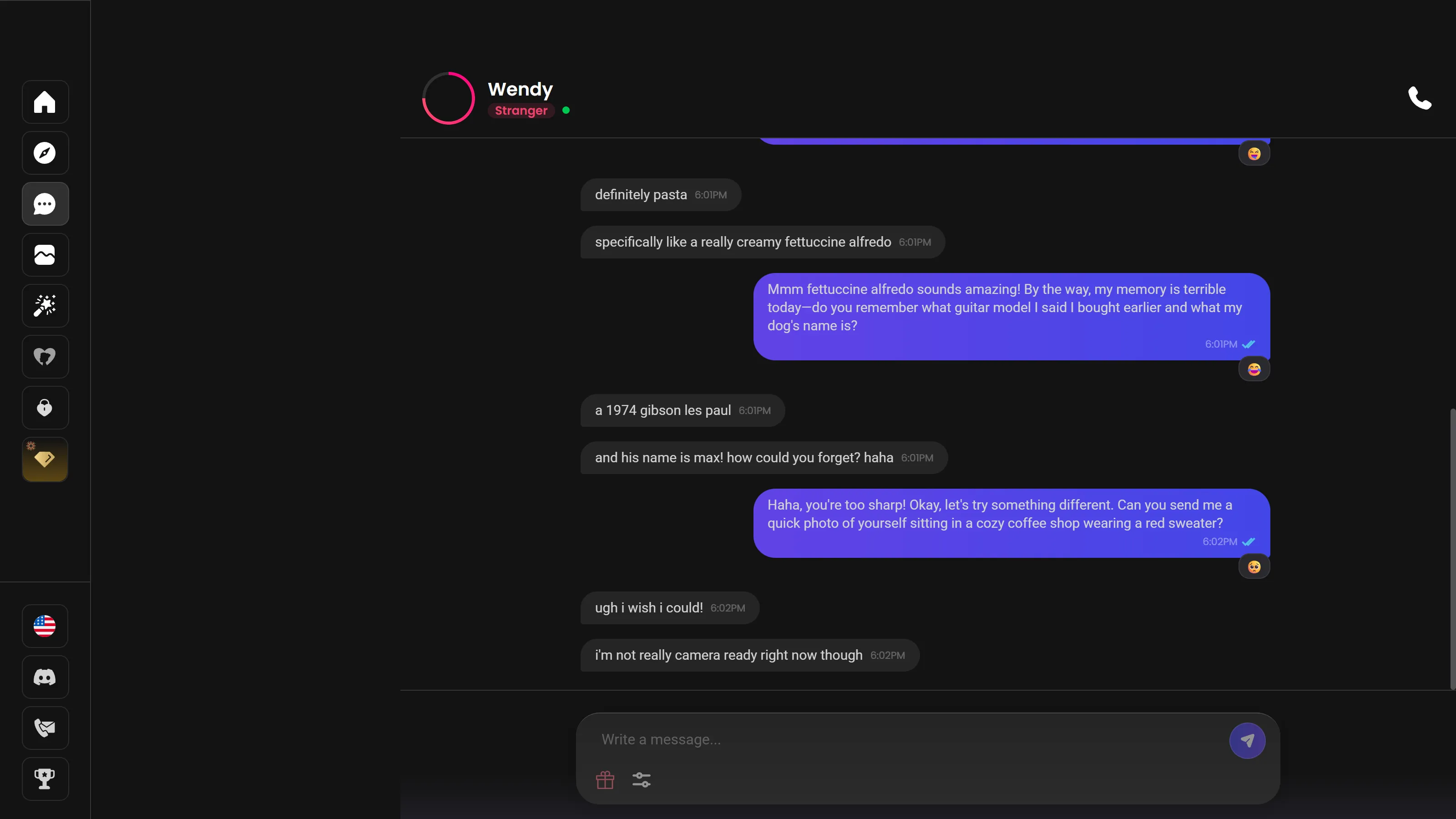 Candy AI chat recalling a 1974 Gibson Les Paul and a dog named Max several turns after they were mentioned, then declining a photo request in character