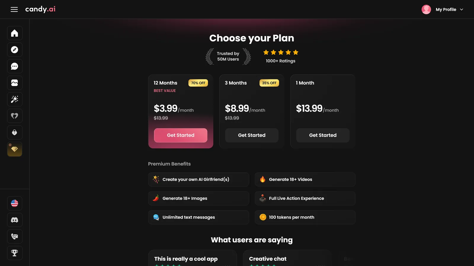 Candy AI plan selection showing 12 months at $3.99, 3 months at $8.99 and 1 month at $13.99