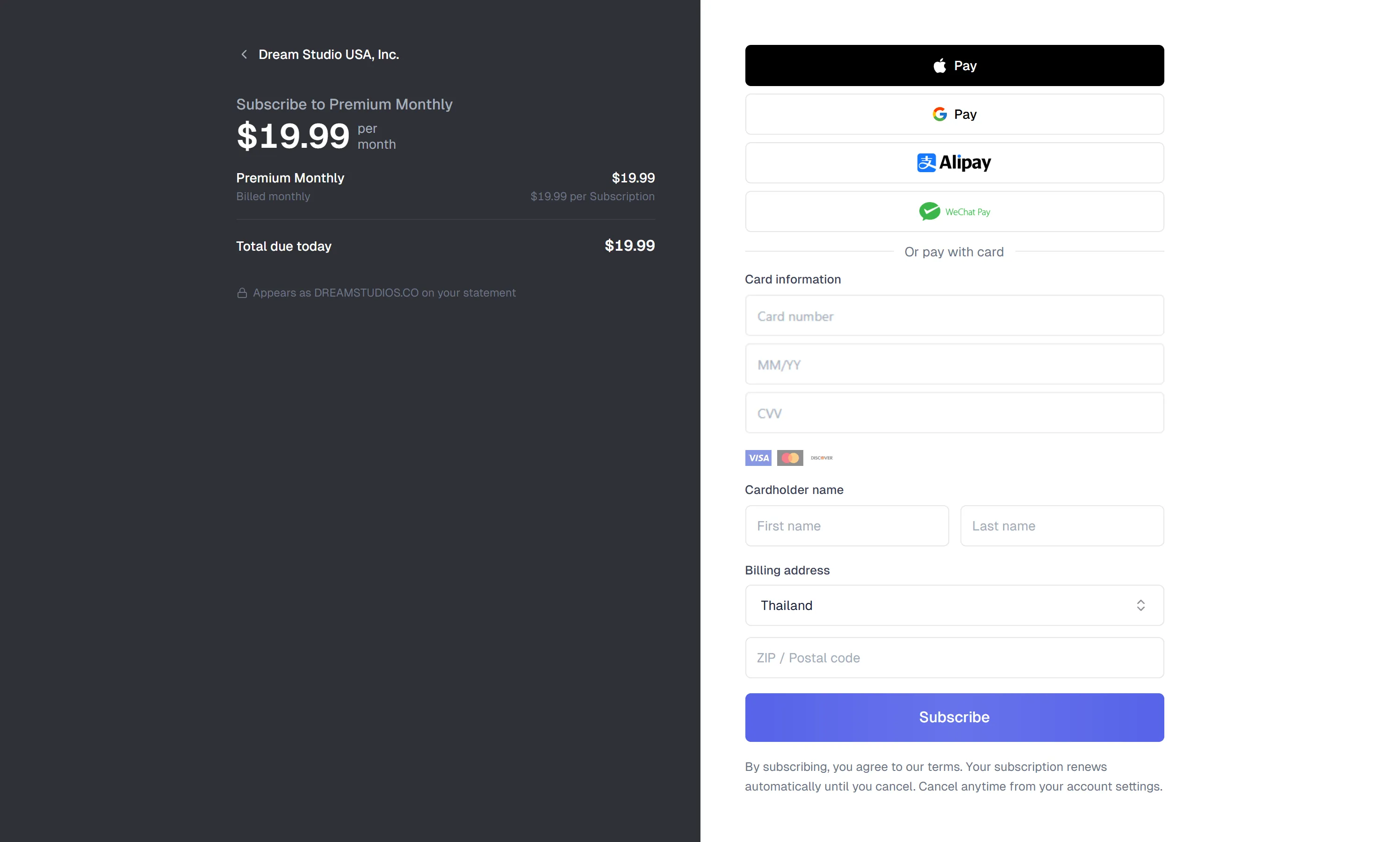 OurDream AI checkout showing Apple Pay, Google Pay, Alipay and WeChat Pay, with the line reading “Appears as DREAMSTUDIOS.CO on your statement”