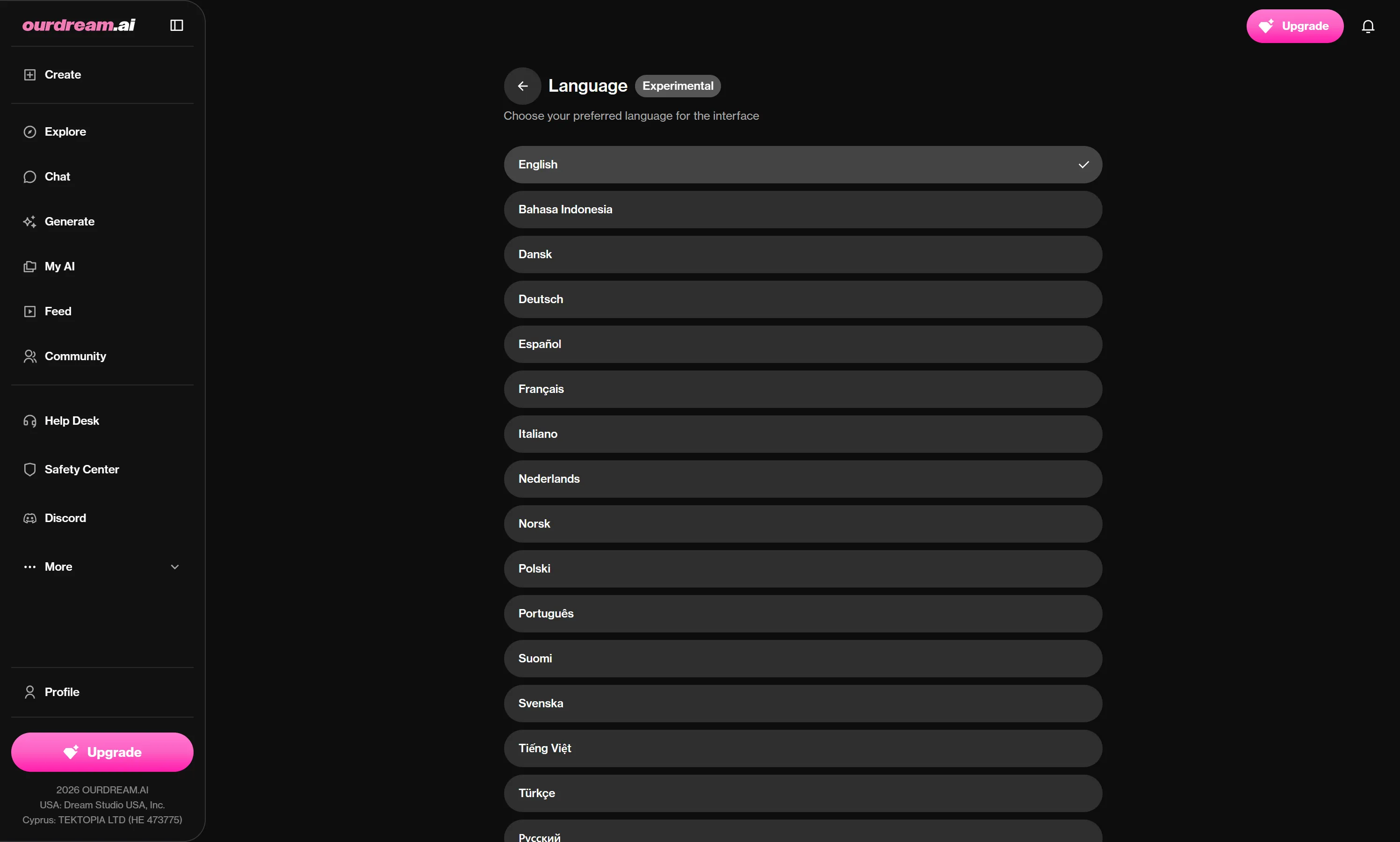 OurDream AI language settings marked Experimental, listing English, Bahasa Indonesia, Danish, German, Spanish, French, Italian, Dutch, Norwegian, Polish, Portuguese, Finnish, Swedish, Vietnamese and Turkish
