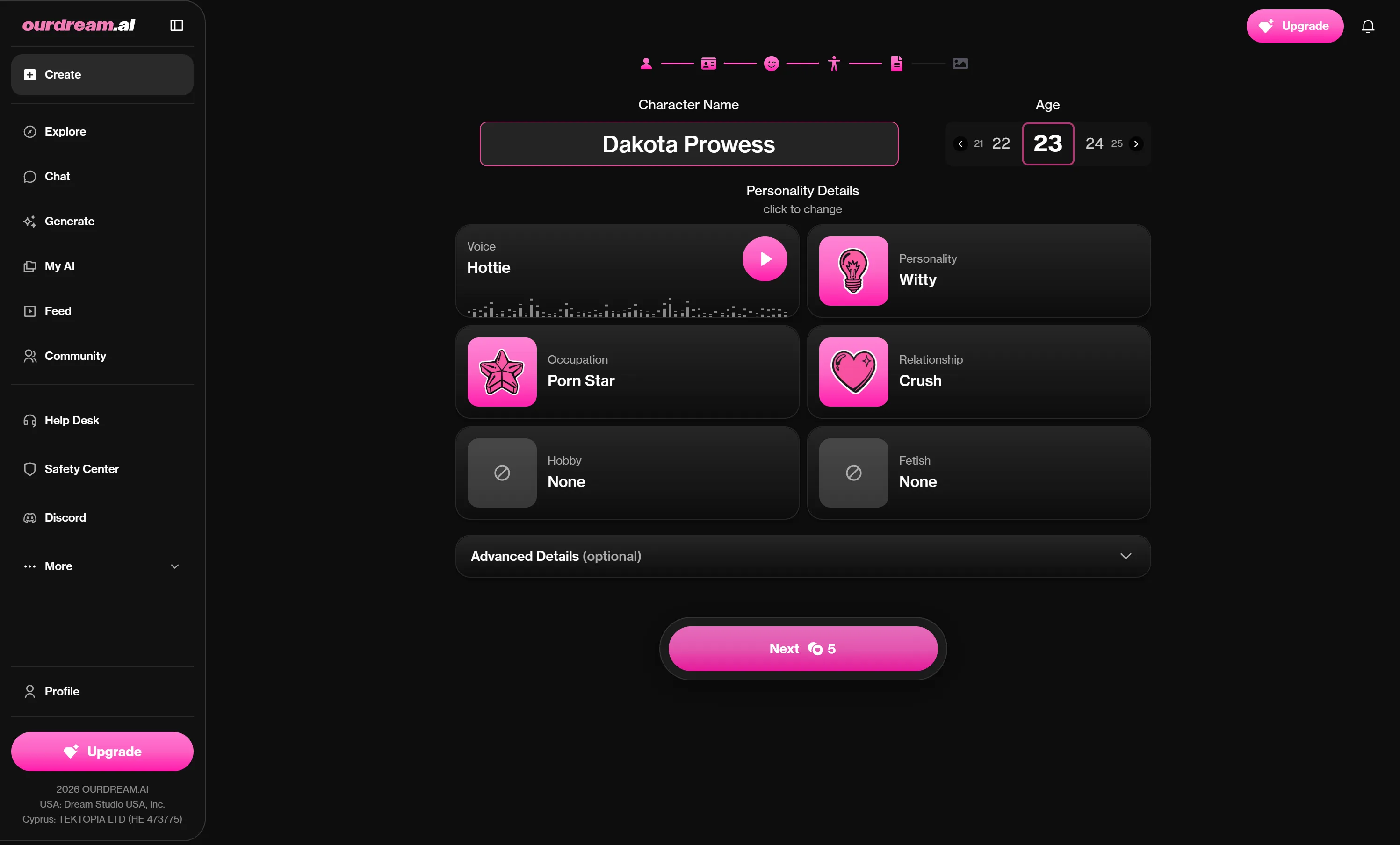 OurDream AI persona step showing character name, age, voice, personality, occupation and relationship fields, with the Next button priced at 5 dreamcoins