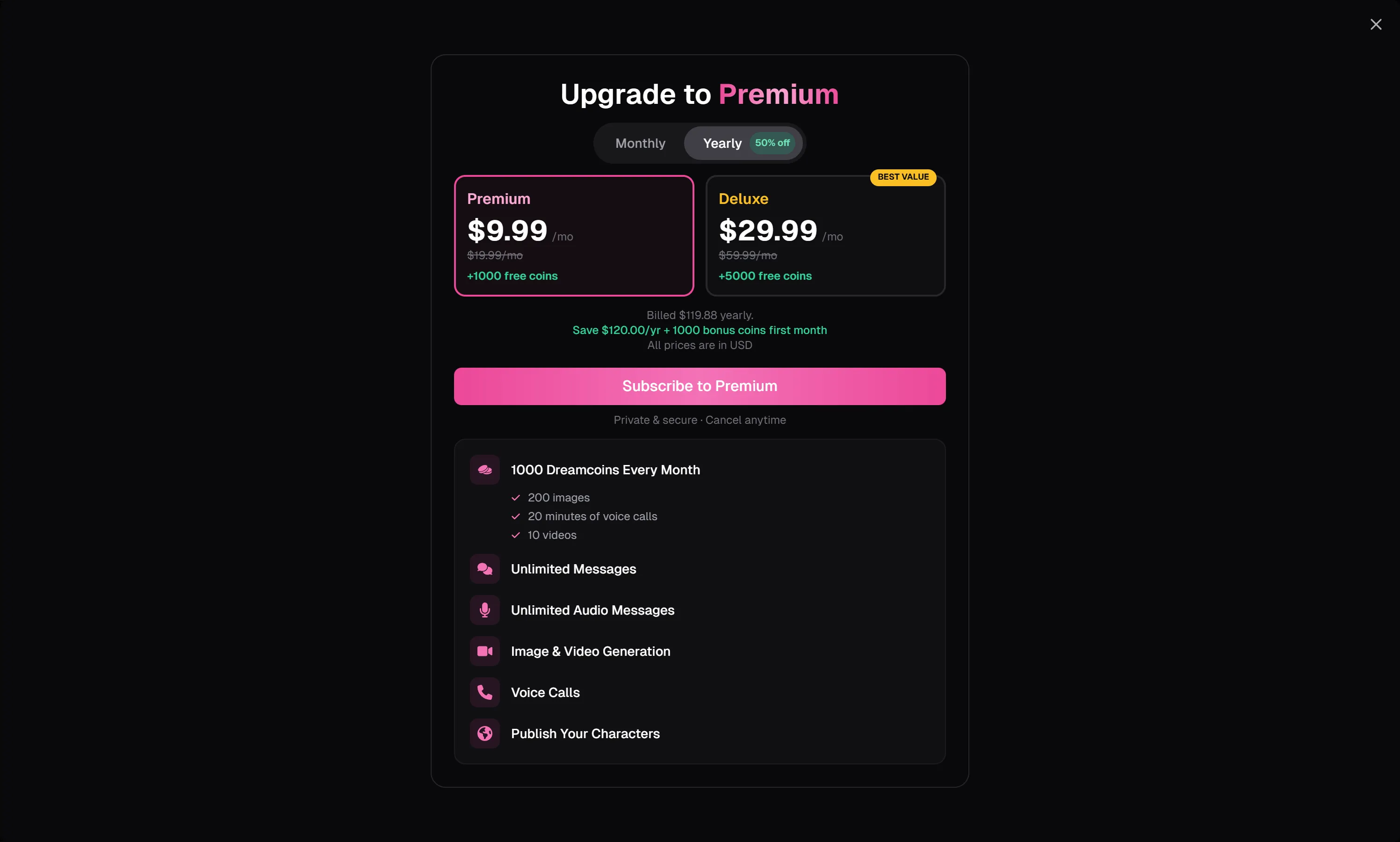 OurDream AI upgrade dialog showing Premium at $9.99 per month yearly against $19.99 monthly, billed $119.88 yearly